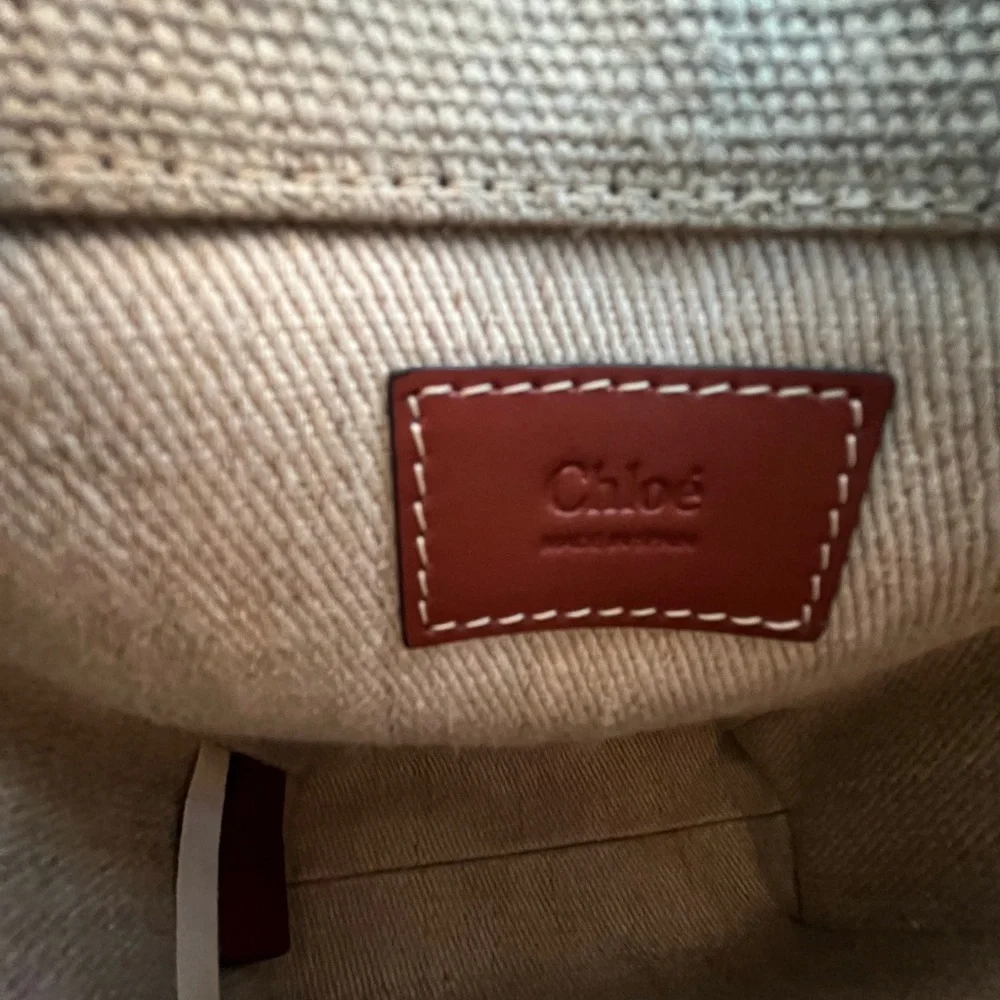 Chloé Mini Woody Linen Canvas North/South Tote- White-Brown